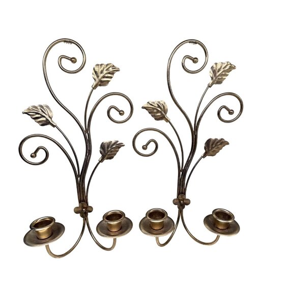 Pair VTG Gold Brass Wall Candle Holders Sconces Leaf scroll Hollywood Regency - Picture 1 of 13